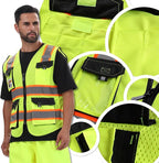 JKSafety Hi Vis Reflective Safety Vests for Men Women High Visibility Vest with Pockets Mesh Fabric Construction Safety Apparel Neon Vest for Work (220-Yellow 4XL)