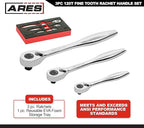 ARES 42067 – 120 Tooth Ratchet Set – 1/4-Inch, 3/8-Inch, and 1/2-Inch Drive - 3 Degree Swing Arc – Reversible Ratcheting Mechanism - Ergonomic Handle and Professional Gear Structure