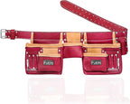 FUERI Leather Tool Belt Bag Men Pouch Heavy Duty Tools Pouches Organizer for Carpenter Construction Electrician Belts Bags Holder (11 Pocket Maroon, Adjustable)