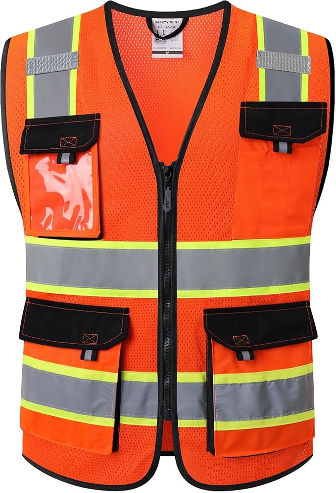 JKSafety Hi Vis Reflective Safety Vests for Men Women High Visibility Vest with Pockets Mesh Fabric Construction Safety Apparel Neon Vest for Work (220-Orange XL)