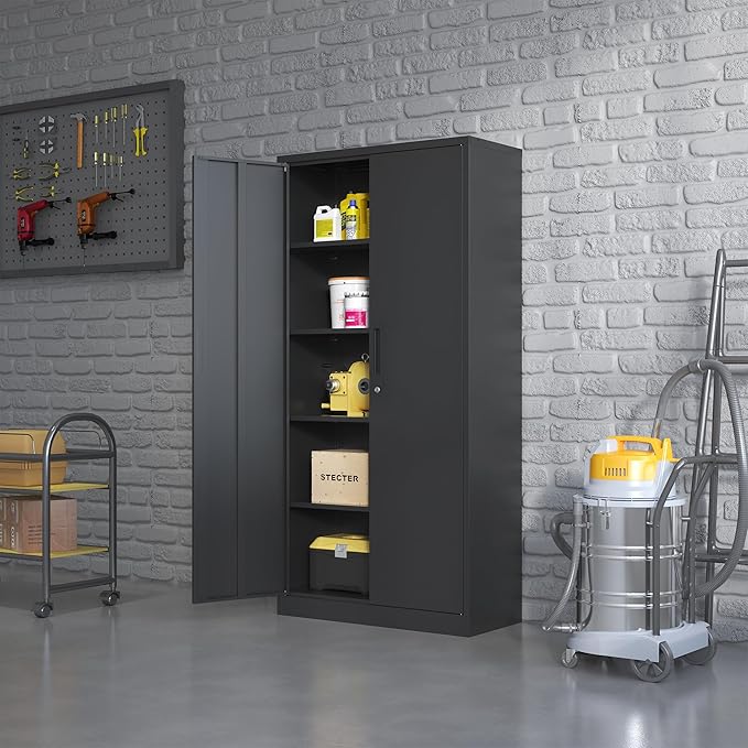 72'' Garage Storage Cabinet, Lockable Storage Cabinet with Adjustable Shelves, Steel Tool Cabinets for Home, Office, Garage, Require Assembly, Black
