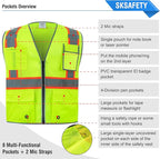 SKSAFETY 10 Pockets Safety Vest, Class 2 High Visibility Security with Zipper Double-sided mesh, Hi Vis Vest with Reflective Strips, ANSI/ISEA Standard, Construction Work Vest （Lime, L）