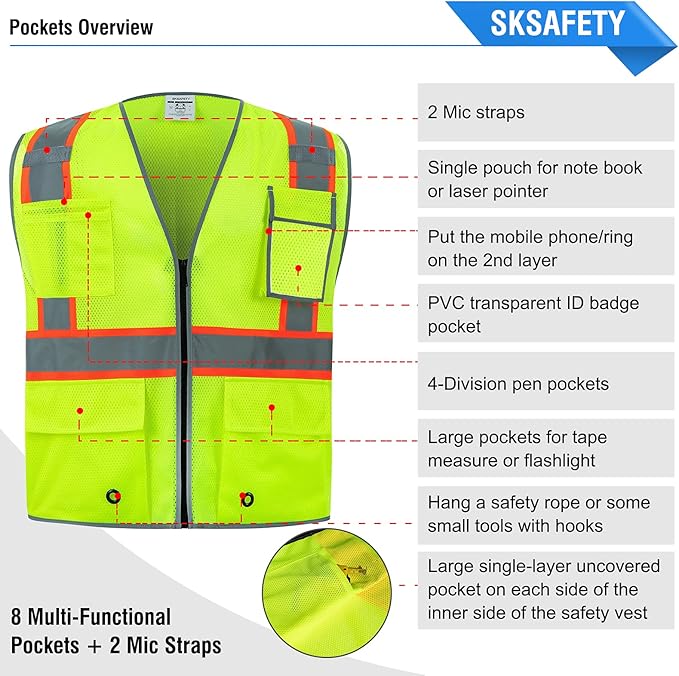 SKSAFETY 10 Pockets Safety Vest, Class 2 High Visibility Security with Zipper Double-sided mesh, Hi Vis Vest with Reflective Strips, ANSI/ISEA Standard, Construction Work Vest （Lime, 2XL）