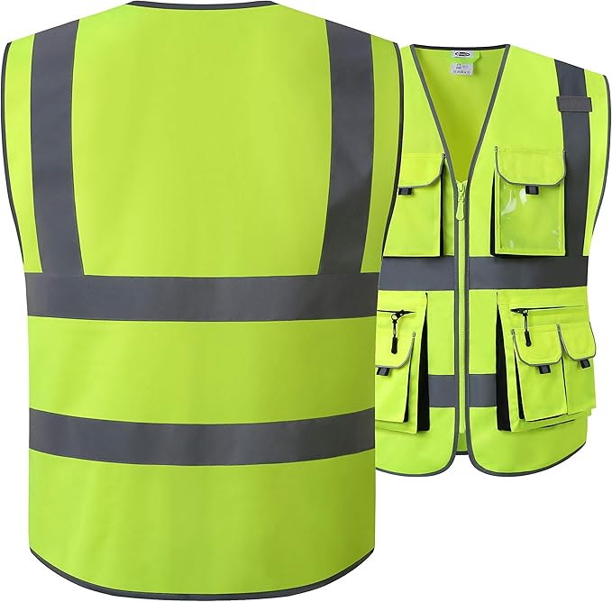JKSafety 10 Pockets Class 2 High Visibility Zipper Front Safety Vest Yellow with High Reflective Strips Meets ANSI/ISEA Standards (88-Yellow, Medium)