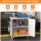 Metal Storage Cabinet on Wheels, Metal Tool Cabinet with Wheels&Pegboard&Handle&Hooks&Adjustable Shelf for Home Office Garage Warehouse Utility Room, Assembly Required, White,13.8"D x 26"W x 34.3"H