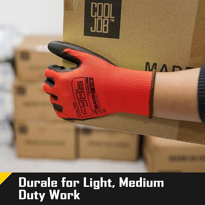 COOLJOB 12/60 Pairs Safety Work Gloves Pack Bulk with Grip PU Coating, 13 Gauge Seamless Knit Gloves with Polyurethane Dipped for Warehouse Working, Breathable Lightweight for Men Women, Red Xlarge