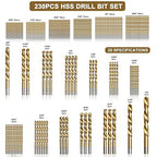 BeHappy 230 Pcs Drill Bit Set, 135° Tip Titanium Coated High Speed Steel, Twist Drill Bit Kit for Iron, Aluminum Alloy, Copper, Wood, Plastic, with Hard Storage(/16“-1/2”