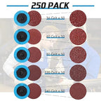 Chumia 250 Pcs Mix Roll Lock Discs Set 36 60 80 120 240 Grit 2 Inch Sanding Discs Die Grinder Accessories Aluminum Oxide Surface Conditioning for Surface Prep Polish Burr Paint Removal(Red)