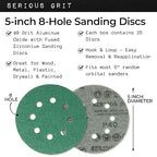 Sanding Discs 5 Inch 8 Hole 40 Grit - Heavy-Duty Hook & Loop Wet Dry Film Sandpaper Discs - Extra Coarse Sand Paper for Random Orbital Sanders - Wood, Automotive, Metal, etc - 25 Pack Box