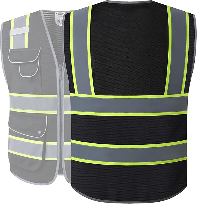 JKSafety 9 Pockets Hi-Vis Black Color Zipper Front MESH Safety Vest with Fluorescent Yellow Extend Edge outlining the Reflective Tapes Meet ANSI/ISEA Class 1 Standard (100-Black, 4XL)