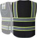 JKSafety 9 Pockets High Visibility Zipper Front MESH Black Safety Vest | Black with Dual Tone High Reflective Strips | ANSI/ISEA Standards (100-Black, M)
