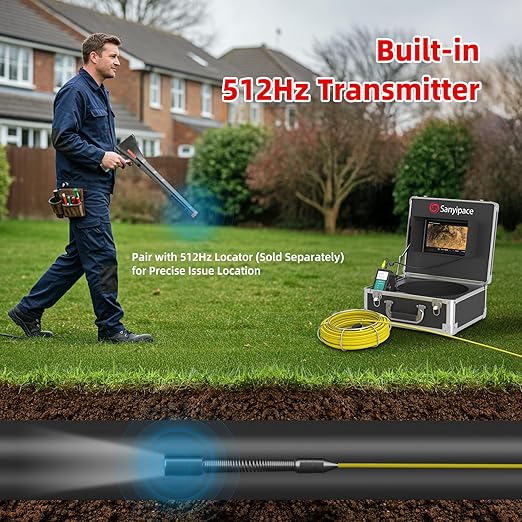 Sanyipace Sewer Camera 100FT/30M with 512Hz Transmitter, Drain Camera Pipe Inspection Camera with Self-Leveling, Clear Meter Marks, IP68 Waterproof, 9" HD Color Screen, Video Record up to 128GB