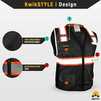KwikSafety - Charlotte, NC - UNDERBOSS Safety Vest [11 POCKETS] Premium ANSI Class Unrated High Visibility Vest Construction Surveyor Reflective Vest Industrial Work Safety Vest for Men/Black Small