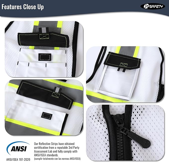 JKSafety Hi Vis Reflective Safety Vests for Men Women High Visibility Vest with Pockets Mesh Fabric Construction Safety Apparel Neon Vest for Work (220-White 3XL)