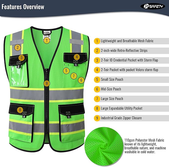 JKSafety Hi Vis Reflective Safety Vests for Men Women High Visibility Vest with Pockets Mesh Fabric Construction Safety Apparel Neon Vest for Work (220-Green M)
