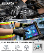 LANON Safety Work Gloves for Men and Women, 18 Pairs Mechanic Black Working Gloves with Grip Odorless PU Coated, Seamless Knit, Full Fingertip Touchscreen for Light Duty Working Gloves, XXL