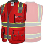 JKSafety 10 Pockets Hi-Vis Zipper Front Fluorescent Red Safety Vest | Cushioned Collar | High Reflective Tapes with Extended Neon Yellow Strips | Meets ANSI/ISEA Standards (X-Large, 89-Red)