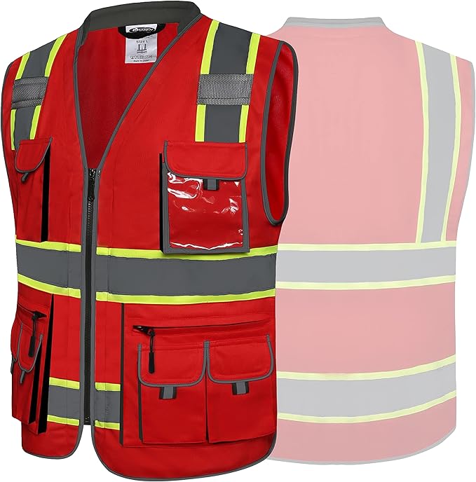 JKSafety 10 Pockets Hi-Vis Zipper Front Fluorescent Red Safety Vest | Cushioned Collar | High Reflective Tapes with Extended Neon Yellow Strips | Meets ANSI/ISEA Standards (3X-Large, 89-Red)
