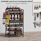 JUNNUJ Power Tool Organizer Floor Stand with Charging Station, Garage Adjustable Storage Rack Utility Tool Shelf with 8 Outlet Power Strip, Heavy Duty Drill and Battery Holder, Yellow