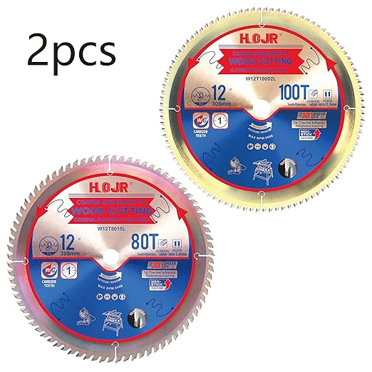 Woodworking Circular Saw Blades 2-Pack 12", Arbor 1", Framing/General Wood, Special Anti-Heat Adhesion Coating on Cutting Edges, High Finish, Long Life, 12" 80 Teeth & 100 Teeth -TA