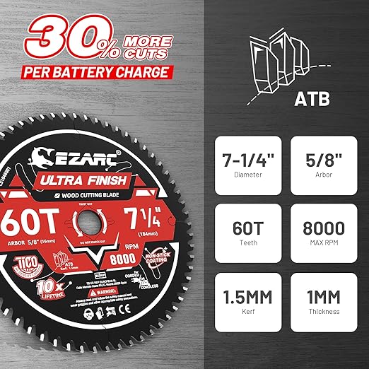 EZARC 7-1/4 Inch Circular Saw Blades 60T - Ultra Finish Wood Cutting Blade, Ultra-Thin 1.5mm Kerf, Non-Stick Coating, 2 Pack