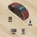 POWERTEC 12PK 4x36 Sanding Belts, 240 Grit Aluminum Oxide, 4 x 36 Inch Sanding Belts for Benchtop Belt and Disc Sander, Belt Sandpaper for Woodworking, Metalworking, Paint, Rust Removal (110153-P4V)