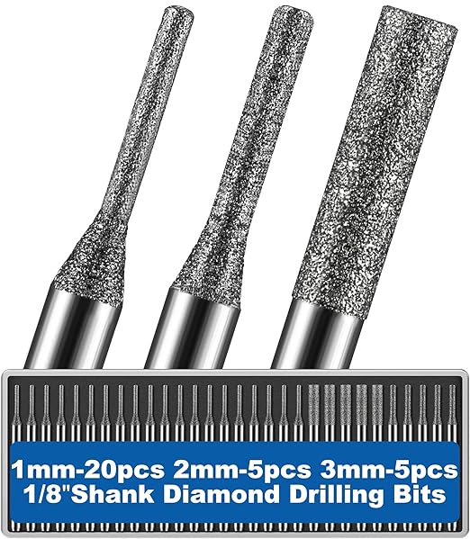 30Pcs Diamond Drilling Bits ø1mm(20)/ø2mm(5)/ø3mm(5) 1/8" Shank Compatible with Dremel Rotary Tools for Sea Glass Beach Stone Rock Shell Ceramic Porcelain Jewelry Making Grinding Cutting