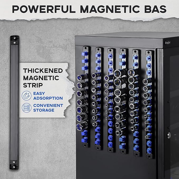 1/4-Inch Drive Magnetic Socket Organizer, Heavy Duty Aluminum Socket Rail Organizer, 360° Swivel Clips Socket Holder Kit for Tool Box, 1/4-Inch Socket Holder x 14 Clips (Blue)
