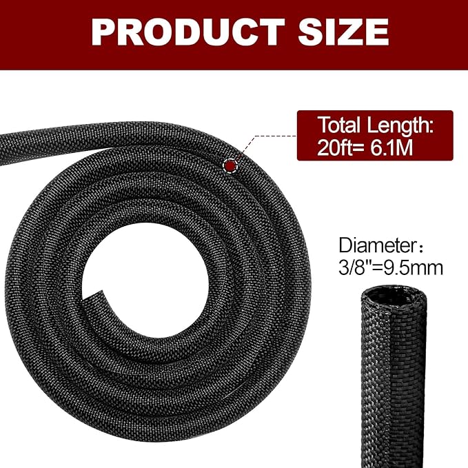 Automotive Wire Loom High Temperature Braided Wire Loom, Split-Sleeve Heat Resistant Wiring Loom Cord Cover for Harness Wires, Self-Wrapping Heavy Duty Sheathing Cable Management Black（20ft-3/8inch ）