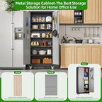 Garage Storage Cabinet with Pegboard and 5 Adjustable Shelves, 71'' x 32'' x 16''Metal Lockable Cabinet with Magnetic Doors,Tool Storage,Home Office Garage,Gym,School (Black-Grey)