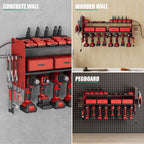 Suchtale Power Tool Organizer with Charging Station,33.2" Garage 8 Drill Holders Wall Mount,3 Layers Heavy Duty Metal Tool Shelf Built in 8 Outlets Power Strip, Gift for Men, Father, Red