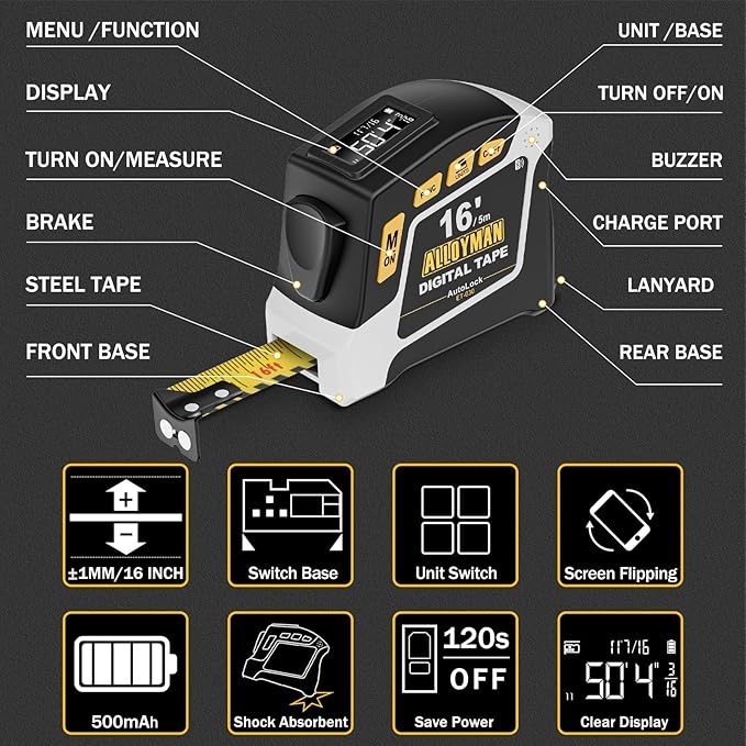Alloyman 2-in-1 Digital Tape Measure, 16Ft Length, 6 Unit Options, 4 Measuring Modes, Stores 50 Records, Auto Lock with Magnetic Hook, Waterproof & Drop-Resistant