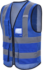 A-SAFETY High Visibility Mesh Safety Reflective Vest with Pockets and Zipper,Hi Viz Work Vest for Men Women (Blue Mesh L)