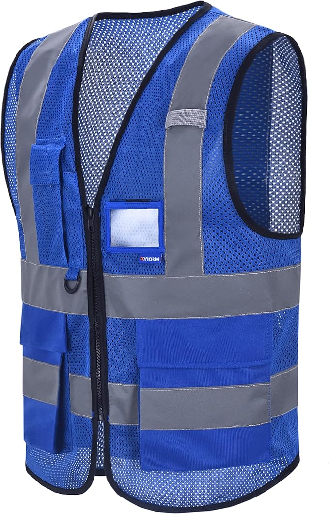 A-SAFETY High Visibility Mesh Safety Reflective Vest with Pockets and Zipper,Hi Viz Work Vest for Men Women (Blue Mesh 4XL-5XL)