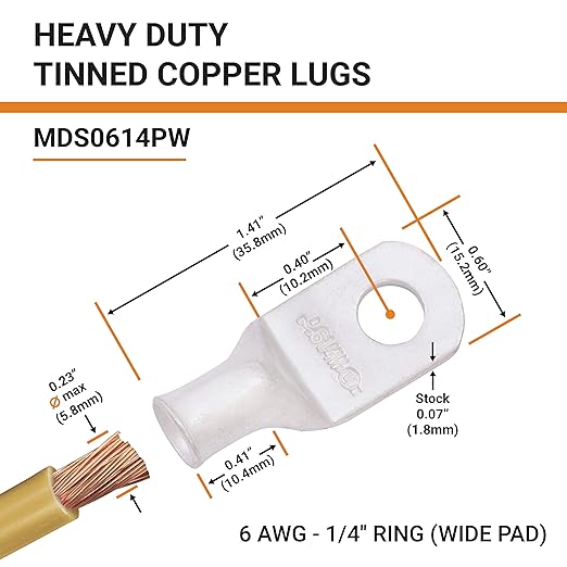 SELTERM 10pcs 6 AWG-1/4 Stud (Wide Pad) Tinned Copper Wire Lugs,Heavy Duty Battery Cable Ends,6 Gauge Ring Terminals,UL Battery Lugs Marine Grade Copper Eyelets Electrical Battery Terminal Connectors