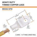 SELTERM 2pcs 6 AWG 1/4" Stud (Wide Pad) Tinned Copper Wire Lugs, Battery Lugs, Ring Terminals, Battery Cable Ends, 6 Gauge Ring Terminal Connectors, UL Marine Grade Battery Terminal Connectors