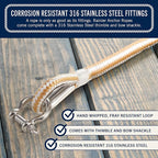 RainierSupplyCo Boat Anchor Rope - Double Braided Marine Rope Anchor Line - 50 ft x 1/4 Inch Nylon Boating Line with 316 Stainless Steel and Heavy Duty Marine Grade Bow Shackle - White/Gold