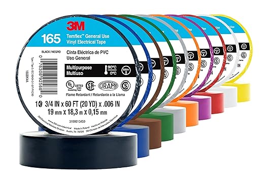 3M Temflex Vinyl Electrical Tape 165, Black, 3/4 in x 60 ft (19 mm x 18 m), 6 mil, 100 Rolls/Case