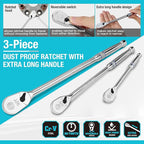 DURATECH 3-Piece Extra Long Drive Ratchet Handle, 1/4", 3/8", 1/2" 90-Tooth Ratchet Wrench with Dust Proof Teardrop Enclosed Head, Reversible, CR-V Steel Made, CR-MO Head, Full Polished, Gifts for Men