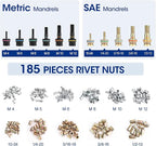 WORKPRO 16" Rivet Nut Tool, Nutsert Rivnut Tool Kit with 11 Metric and SAE Mandrels, 185pcs Rivnuts Assortment Kit with Carrying Case, Ideal for Sheet Metal & Automotive Work