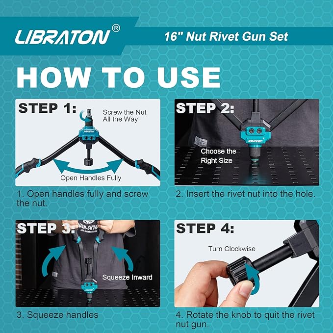 LIBRATON 16" Rivet Nut Tool, Rivet Nut Gun, Hand Rivet Nut Setter with 110PCS Rivet Nuts, 11PCS Metric & SAE Interchangeable Mandrels and Carrying Case, Easy Replace