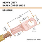 SELTERM 2pcs 8 AWG 1/4" Stud Copper Wire Lugs, Battery Lugs, Ring Terminals, Battery Cable Ends, 8 Gauge Ring Terminal Connectors, UL Heavy Duty Bare Copper Eyelets Battery Terminal Connectors