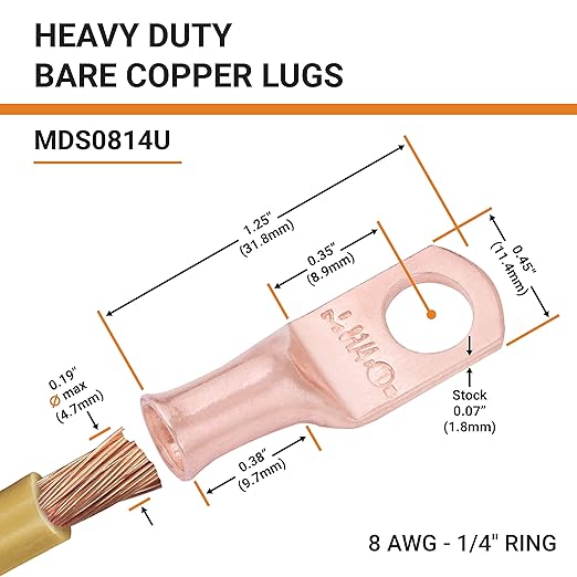 SELTERM 10pcs 8 AWG - 1/4" Stud - Battery Lugs, Heavy Duty Wire Lugs, Ring Terminals, Battery Cable Ends,8 Gauge Terminals, UL Bare Copper Eyelets Electrical Battery Terminal Connectors
