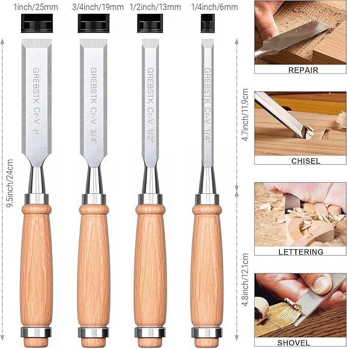 GREBSTK 4 Pcs Wood Chisel Set, CRV Steel Bevel Sharp Edge Bench Chisels with Canvas Bag, Comfortful Beech Handle, for Woodworking and DIY Projects, 9.5"x(1/4", 1/2", 3/4", 1")
