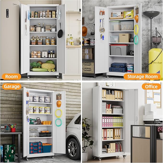 73''H Metal Garage Storage Cabinet with Pegboard, Rolling Tool Cabinets on Wheels,Steel Locker for Garage Office School Home Warehouse Utility Room, Assembly Require,White