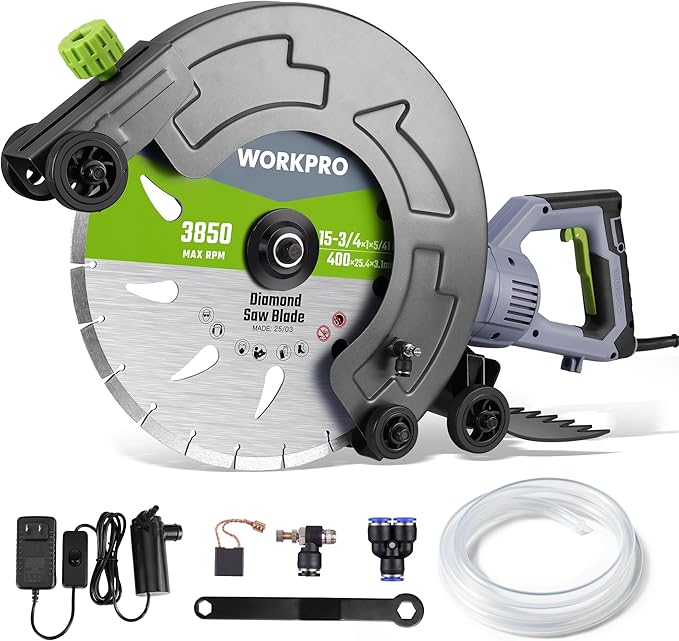 WORKPRO 16 Inch Wet Concrete Saw with Water Cutting Attachment, 1600W 3100RPM Electric Concrete Saw, Max Cutting Depth 6.69", Ideal for House, Foundation, Courtyard Renovation