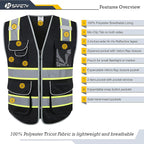 JKSafety 9 Pockets Hi-Vis Black Color Zipper Front Safety Vest Fluorescent Yellow Strips outlining the Reflective Tapes ANSI/ISEA Class 1 (901-Black, Large)