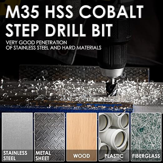 M35 Cobalt Step Drill Bit, Four Spiral Flute Unibit Step Drill Bit (3/16"-7/8") Wear-Resistant TiAlN Coated, 1/4" Hex Shank for Metal, Carbon Steel, Stainless Steel, Wood, Plastic (12 Size)