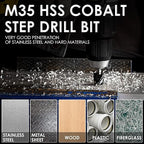 M35 Cobalt Step Drill Bit, Four Spiral Flute Unibit Step Drill Bit (3/16"-7/8") Wear-Resistant TiAlN Coated, 1/4" Hex Shank for Metal, Carbon Steel, Stainless Steel, Wood, Plastic (12 Size)