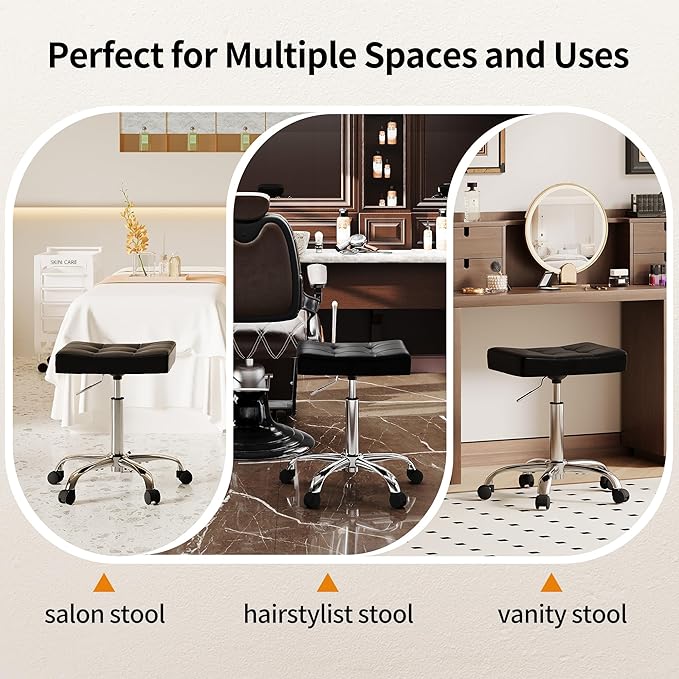Ergonomic Rolling Shop Stool (Adjustable Height 17-21 inch) Salon Stool for Hair Stylist (Black)
